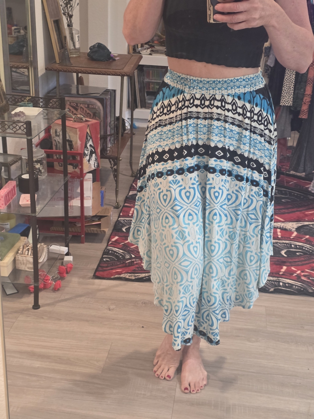 Angie Blue and Black Patterned High-Low Skirt